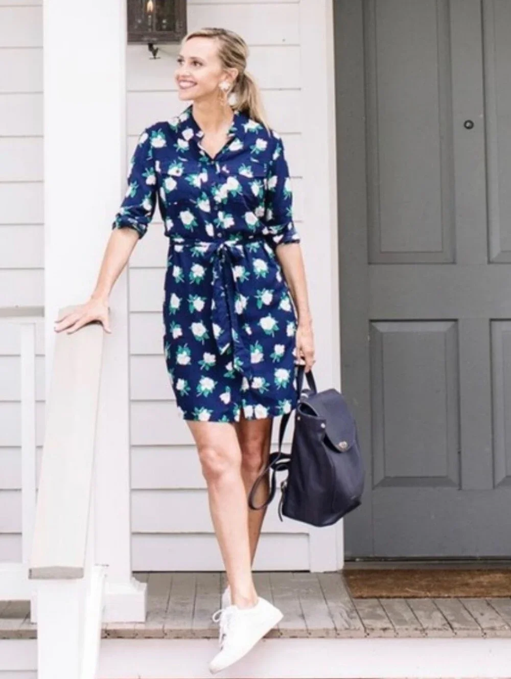 Draper James Magnolia Navy Blue Floral Long-Sleeve Shirt Dress - Picture 1 of 10